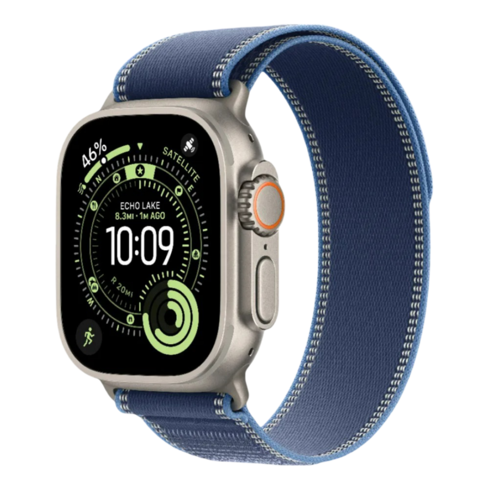 Apple Watch Ultra 3 GPS + LTE, 49mm Natural Titanium Case with Blue/Bright Blue Trail Loop - M/L (MEWU4)